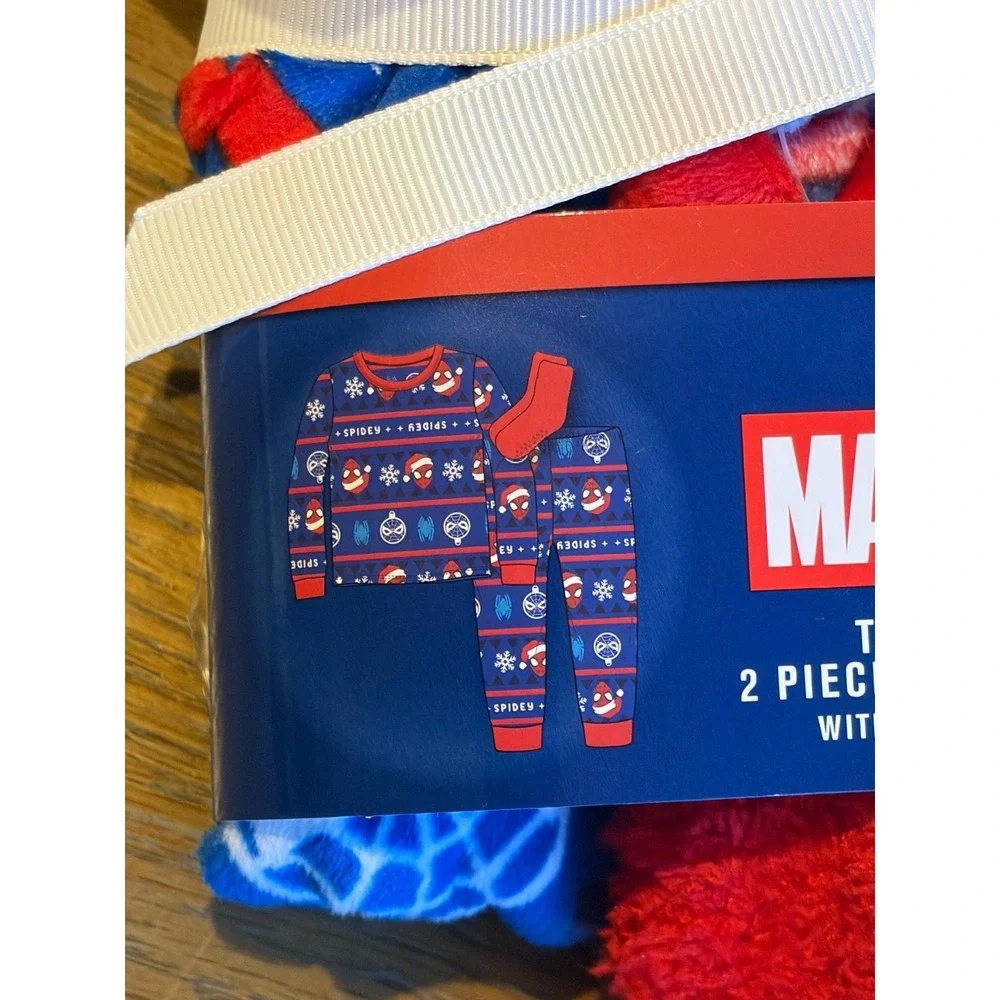 Marvel Spiderman Toddler Pajama Set 2 Piece with Cozy Socks Blue Red 4T Holiday